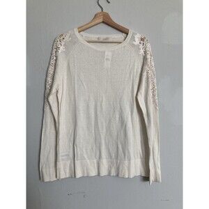 New LOFT Lace Appliqué Knit Sweater LARGE Ivory Long Sleeve
